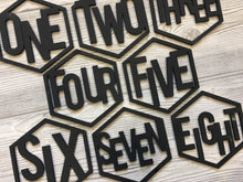 Load image into Gallery viewer, Laser cut Baby Milestone Photo Props/ Baby's First Year Numbers/ Hexagon Baby Photo Props/ Modern Baby Photo Props/Wood Milestone Numbers
